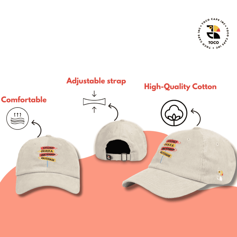 A promotional image showcasing a stylish cap from the best cap brand in Bangladesh, featuring a comfortable design, high-quality cotton material, and an adjustable strap for a perfect fit. The cap is adorned with colorful embroidery representing popular Bangladeshi cities like Sylhet, Dhaka, Chattogram, and Rajshahi.