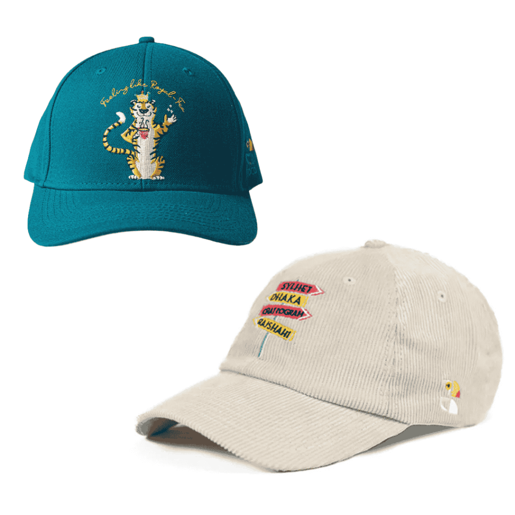 Two baseball caps for men: the top cap is teal with an embroidered tiger and the phrase 