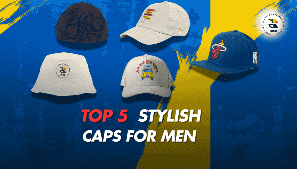 Top 5 stylish caps for men featuring diverse designs, including bucket hats, baseball caps, and beanies in various colors