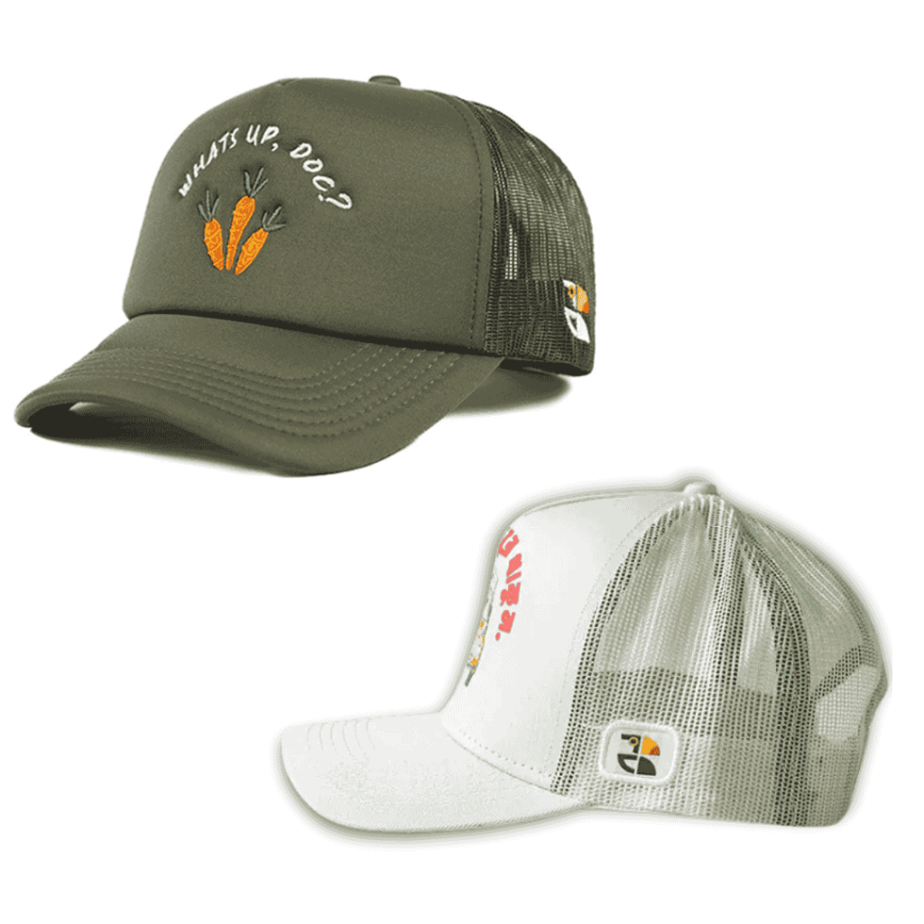 Two trucker caps for men with mesh backs: olive green with carrot design saying 